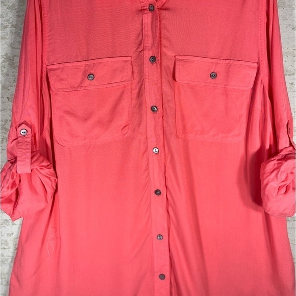 WOMAN WITHIN Apricot Blouse Button Up Front Pockets Tab Sleeves Top Size 14/16 - Picture 3 of 15